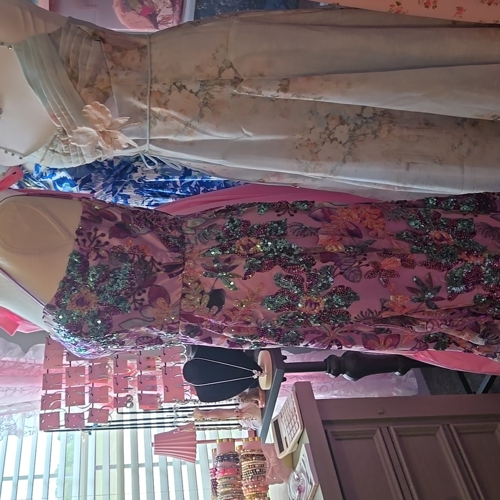 Boston Proper Floral Embroided Mesh Applique Ruffle Slit Midi Purple Dress - Picture 14 of 17